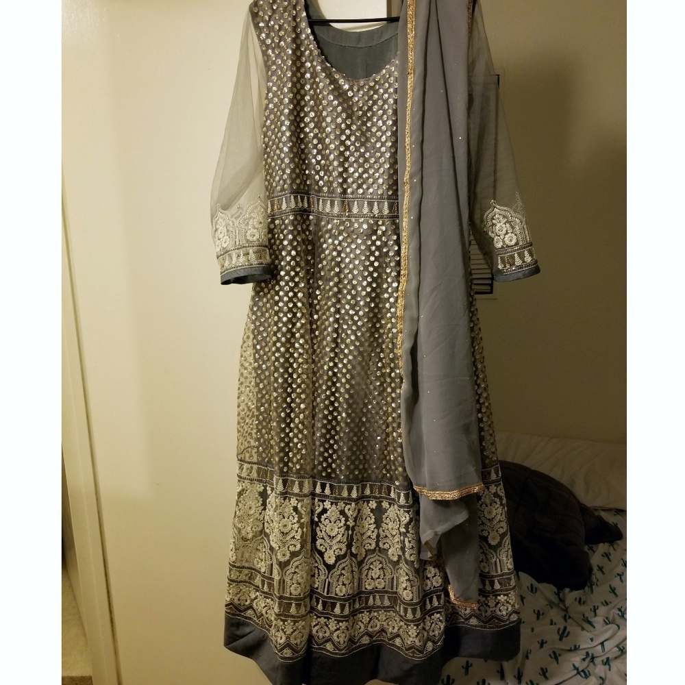 Plus size grey sequin anarkali evening wear